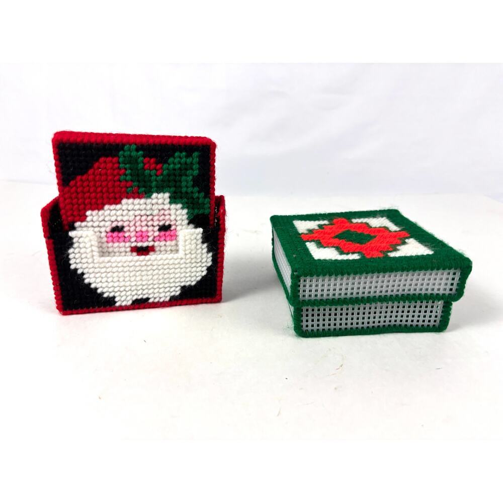 Vintage 2 Sets of Christmas Needlepoint Coasters with Holder - Plastic‎ Yarn 70s